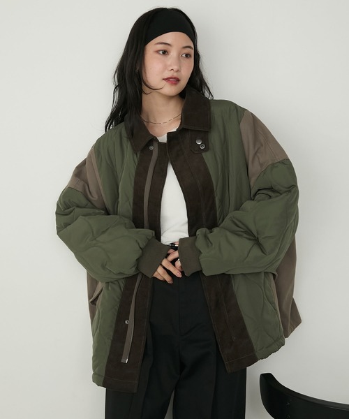 セール】【forksy.】異素材切り替えキルティングショートコート