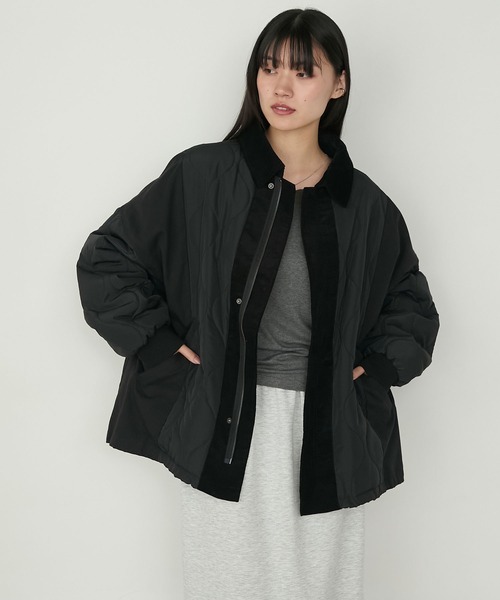 セール】【forksy.】異素材切り替えキルティングショートコート