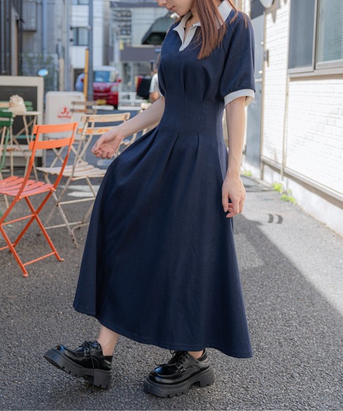 ポロ衿フレアロングワンピース