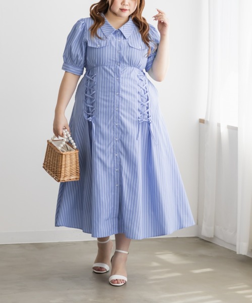 CLETTE（クレット）の「CLETTEオリジナルストライプ柄レースアップデザインシャツワンピース（ワンピース・レディース・サックスブルー/ブルー・LL/3L/4L）」の2枚目の写真