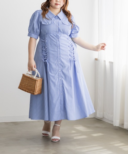 CLETTE（クレット）の「CLETTEオリジナルストライプ柄レースアップデザインシャツワンピース（ワンピース・レディース・サックスブルー/ブルー・LL/3L/4L）」の16枚目の写真