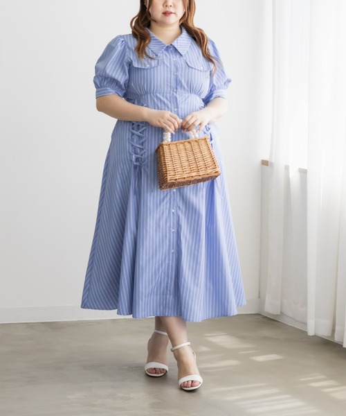 CLETTE（クレット）の「CLETTEオリジナルストライプ柄レースアップデザインシャツワンピース（ワンピース・レディース・サックスブルー/ブルー・LL/3L/4L）」の17枚目の写真