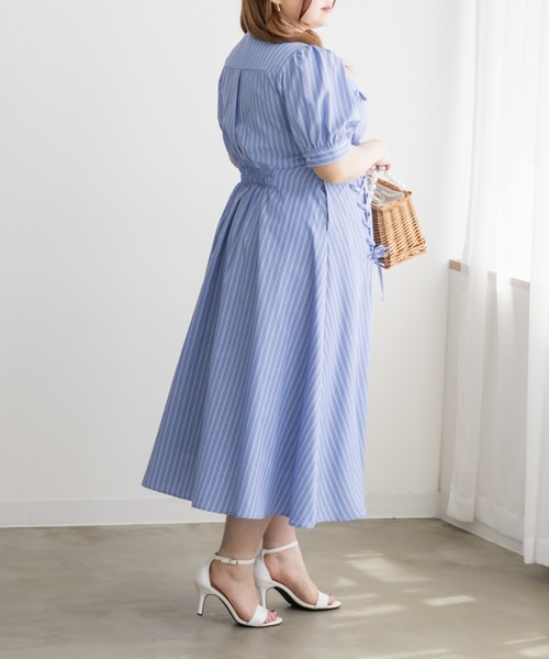CLETTE（クレット）の「CLETTEオリジナルストライプ柄レースアップデザインシャツワンピース（ワンピース・レディース・サックスブルー/ブルー・LL/3L/4L）」の18枚目の写真