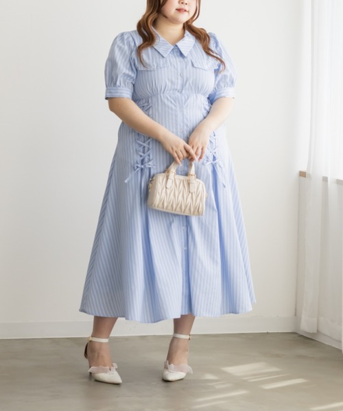 CLETTE（クレット）の「CLETTEオリジナルストライプ柄レースアップデザインシャツワンピース（ワンピース・レディース・サックスブルー/ブルー・LL/3L/4L）」の10枚目の写真