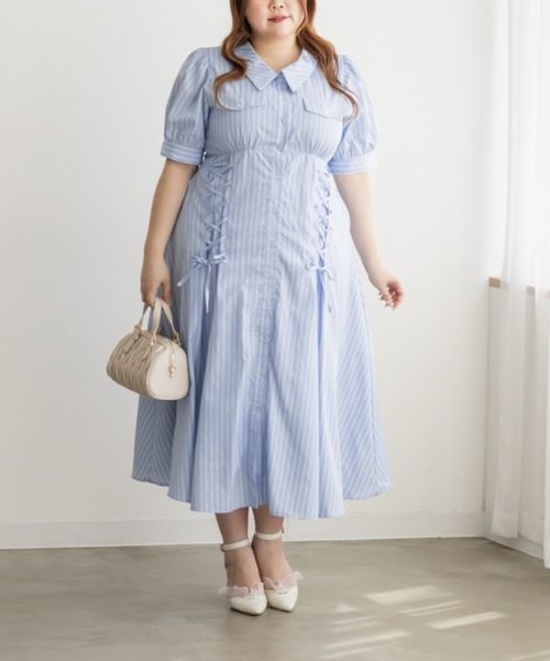 CLETTE（クレット）の「CLETTEオリジナルストライプ柄レースアップデザインシャツワンピース（ワンピース・レディース・サックスブルー/ブルー・LL/3L/4L）」の11枚目の写真