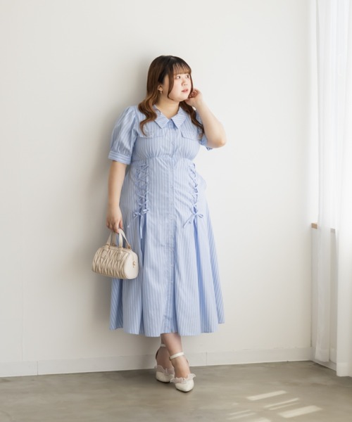 CLETTE（クレット）の「CLETTEオリジナルストライプ柄レースアップデザインシャツワンピース（ワンピース・レディース・サックスブルー/ブルー・LL/3L/4L）」の13枚目の写真