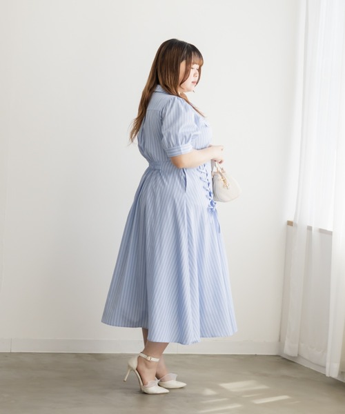 CLETTE（クレット）の「CLETTEオリジナルストライプ柄レースアップデザインシャツワンピース（ワンピース・レディース・サックスブルー/ブルー・LL/3L/4L）」の14枚目の写真