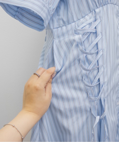 CLETTE（クレット）の「CLETTEオリジナルストライプ柄レースアップデザインシャツワンピース（ワンピース・レディース・サックスブルー/ブルー・LL/3L/4L）」の6枚目の写真