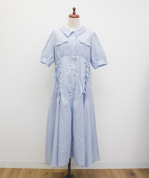CLETTE（クレット）の「CLETTEオリジナルストライプ柄レースアップデザインシャツワンピース（ワンピース・レディース・サックスブルー/ブルー・LL/3L/4L）」の21枚目の写真