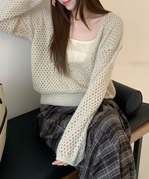 【2点セット】メッシュ編み インナー付き レイヤード ニット プルオーバー