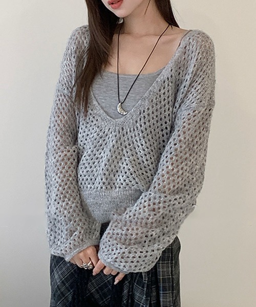 2点セット】メッシュ編み インナー付き レイヤード ニット プル
