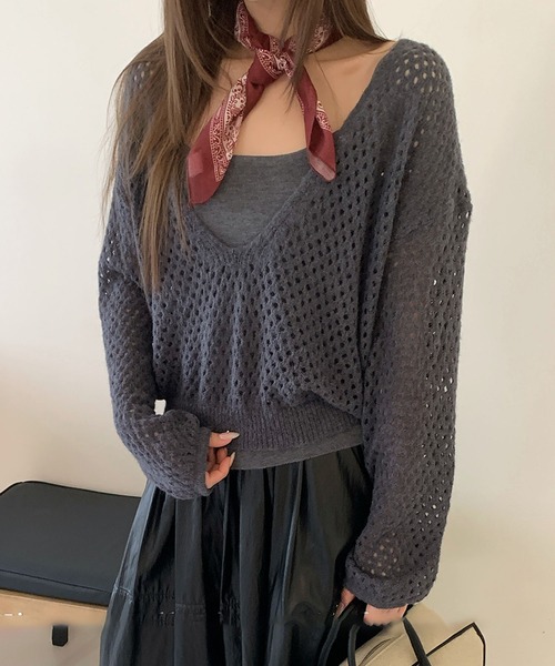 Lace Ladies(レースレディース)の「【2点セット】メッシュ編み インナー付き レイヤード ニット プルオーバー(ニット/セーター・レディース・アイボリー/ダークグレー/ブラウン/ライトグレー・FREE)」の22枚目の写真