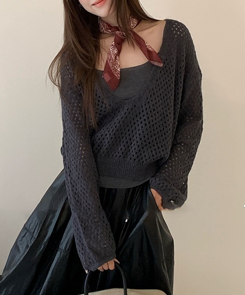 Lace Ladies(レースレディース)の「【2点セット】メッシュ編み インナー付き レイヤード ニット プルオーバー(ニット/セーター・レディース・アイボリー/ダークグレー/ブラウン/ライトグレー・FREE)」の20枚目の写真