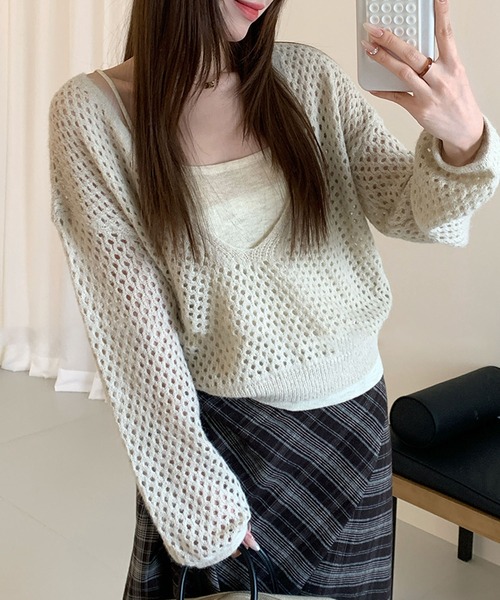 Lace Ladies(レースレディース)の「【2点セット】メッシュ編み インナー付き レイヤード ニット プルオーバー(ニット/セーター・レディース・アイボリー/ダークグレー/ブラウン/ライトグレー・FREE)」の19枚目の写真