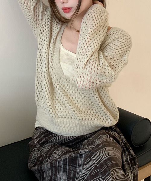 Lace Ladies(レースレディース)の「【2点セット】メッシュ編み インナー付き レイヤード ニット プルオーバー(ニット/セーター・レディース・アイボリー/ダークグレー/ブラウン/ライトグレー・FREE)」の17枚目の写真