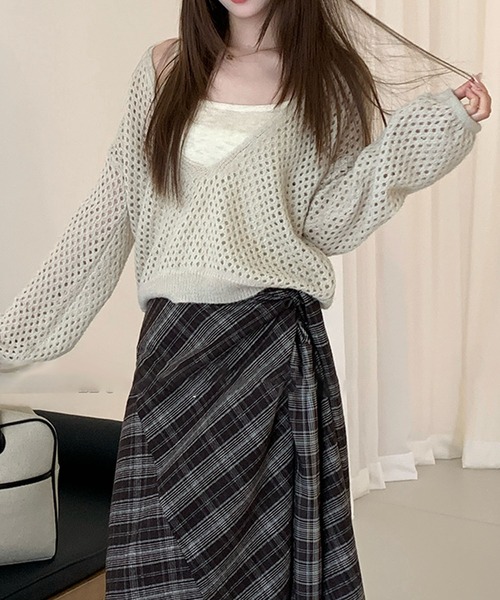 Lace Ladies(レースレディース)の「【2点セット】メッシュ編み インナー付き レイヤード ニット プルオーバー(ニット/セーター・レディース・アイボリー/ダークグレー/ブラウン/ライトグレー・FREE)」の15枚目の写真