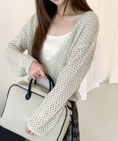 Lace Ladies(レースレディース)の「【2点セット】メッシュ編み インナー付き レイヤード ニット プルオーバー(ニット/セーター・レディース・アイボリー/ダークグレー/ブラウン/ライトグレー・FREE)」の14枚目の写真