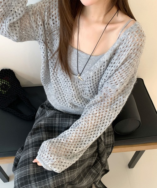 Lace Ladies(レースレディース)の「【2点セット】メッシュ編み インナー付き レイヤード ニット プルオーバー(ニット/セーター・レディース・アイボリー/ダークグレー/ブラウン/ライトグレー・FREE)」の12枚目の写真