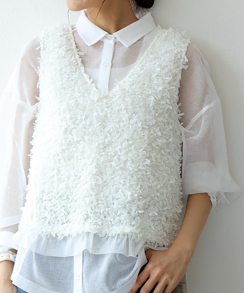 Jines(ジネス)の「ファンシーファブリック前後2WAYベスト(Tシャツ/カットソー・レディース・ブラック/ホワイト・38)」の1枚目の写真