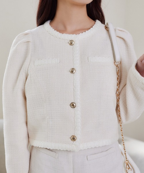 one after another NICE CLAUP（ワンアフターアナザーナイスクラップ）の「ツイードジャケット（ノーカラージャケット・レディース・ベージュ/ブラック/アイボリー・FREE）」の11枚目の写真