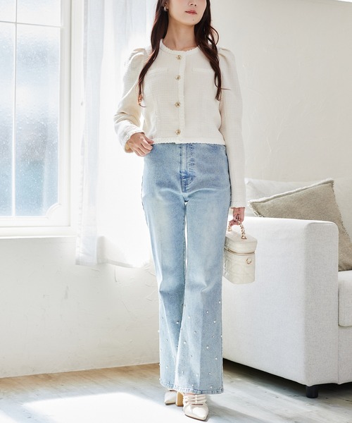 one after another NICE CLAUP（ワンアフターアナザーナイスクラップ）の「ツイードジャケット（ノーカラージャケット・レディース・ベージュ/ブラック/アイボリー・FREE）」の6枚目の写真