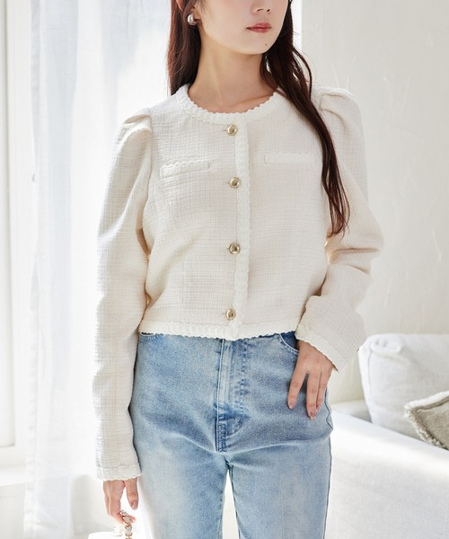 one after another NICE CLAUP（ワンアフターアナザーナイスクラップ）の「ツイードジャケット（ノーカラージャケット・レディース・ベージュ/ブラック/アイボリー・FREE）」の7枚目の写真