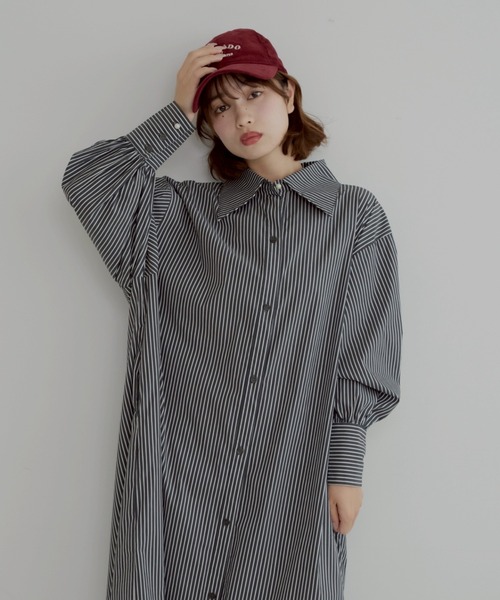セール】【低身長~高身長】ストライプ柄パールシャツワンピース