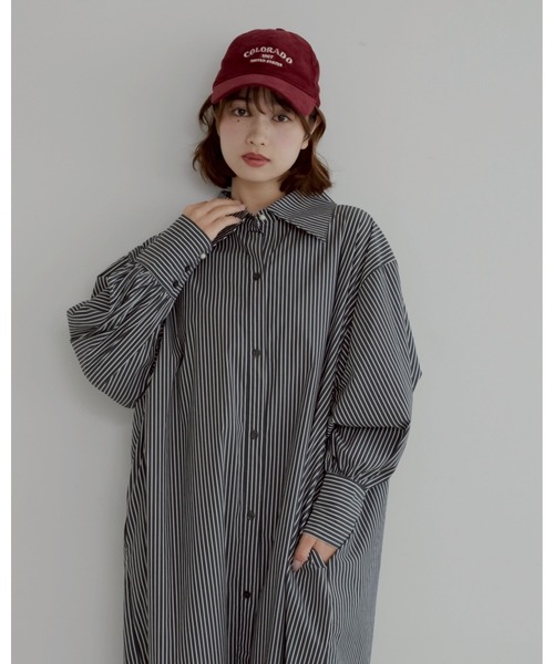 JUMELLE（ジュメロ）の「【低身長~高身長】ストライプ柄パールシャツワンピース（シャツワンピース・レディース・ブラック・FREE）」の4枚目の写真