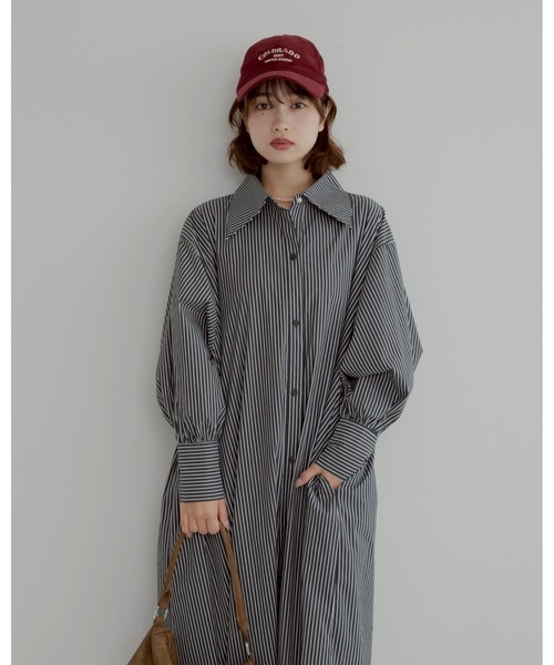 JUMELLE（ジュメロ）の「【低身長~高身長】ストライプ柄パールシャツワンピース（シャツワンピース・レディース・ブラック・FREE）」の5枚目の写真