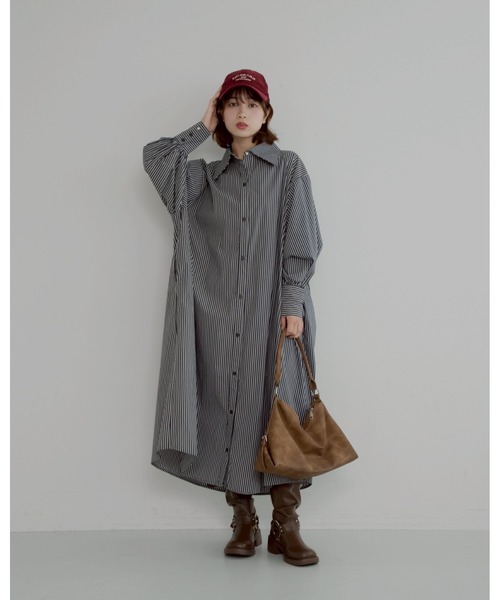 JUMELLE（ジュメロ）の「【低身長~高身長】ストライプ柄パールシャツワンピース（シャツワンピース・レディース・ブラック・FREE）」の6枚目の写真