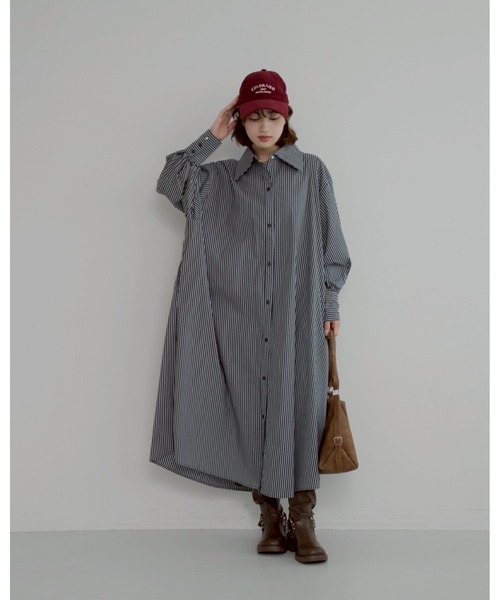 JUMELLE（ジュメロ）の「【低身長~高身長】ストライプ柄パールシャツワンピース（シャツワンピース・レディース・ブラック・FREE）」の8枚目の写真