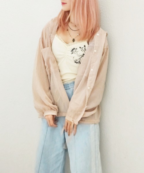 CRYSTAL BALL（クリスタルボール）の「シアーストライプフーディーブラウス（シャツ/ブラウス・レディース・ピンク/ホワイト/ブルー・FREE）」の12枚目の写真