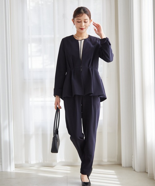 セール】【2点セット】防シワ/抗菌防臭 ノーカラーペプラムパンツ