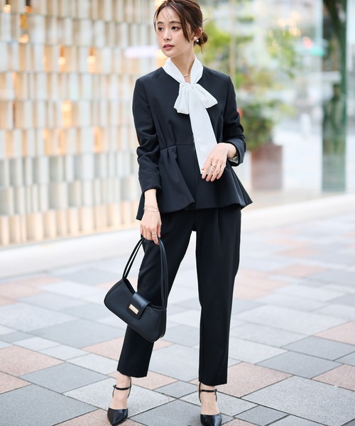 セール】【2点セット】防シワ/抗菌防臭 ノーカラーペプラムパンツ