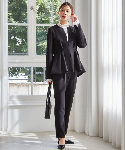 セール】【2点セット】防シワ/抗菌防臭 ノーカラーペプラムパンツ