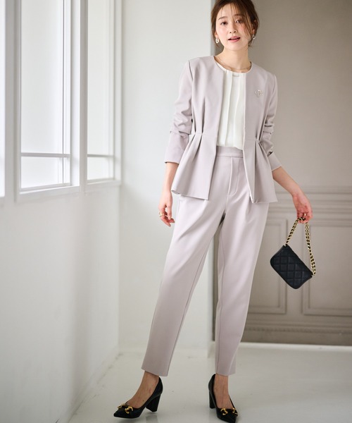 セール】【2点セット】防シワ/抗菌防臭 ノーカラーペプラムパンツ