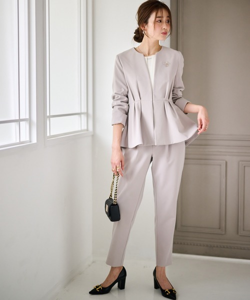 セール】【2点セット】防シワ/抗菌防臭 ノーカラーペプラムパンツ