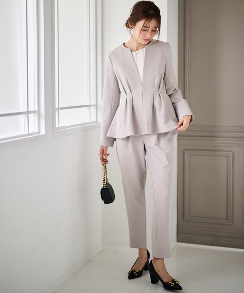 セール】【2点セット】防シワ/抗菌防臭 ノーカラーペプラムパンツ