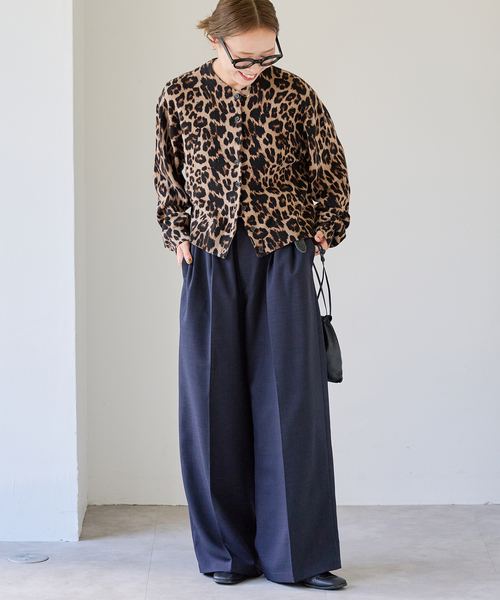 OUTDOOR PRODUCTS レオパード クルーネックカーデ今季新品 レオパード プリントクルーネックカーディガン（OUTDOOR PRODUCTS