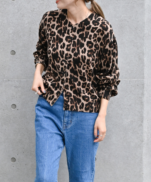 追加4 レオパード プリントクルーネックカーディガン（カーディガン
