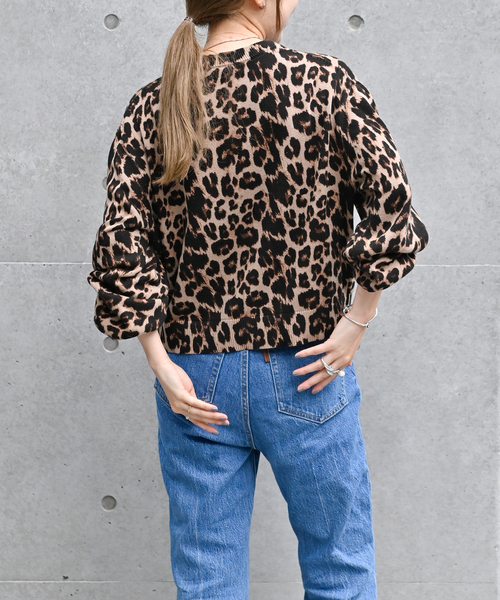 OUTDOOR PRODUCTS レオパード クルーネックカーデ今季新品 追加4 レオパード プリントクルーネックカーディガン（カーディガン