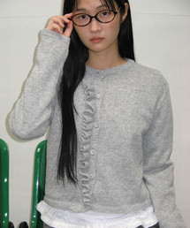 HEART POINT RUFFLE KNIT CARDIGAN GREY