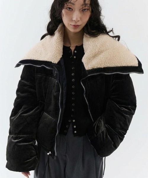 ジャケット・アウター Bijou-Button Velour Down Jacket セール】Velvet Short Down Jacket / ベルベットショートダウン