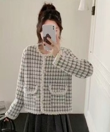 パールボタンチェックツイード風ニットカーディガン