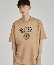 レタリングロゴエンブレムラウンドネック15番手綿半袖Tシャツ_ベージュ