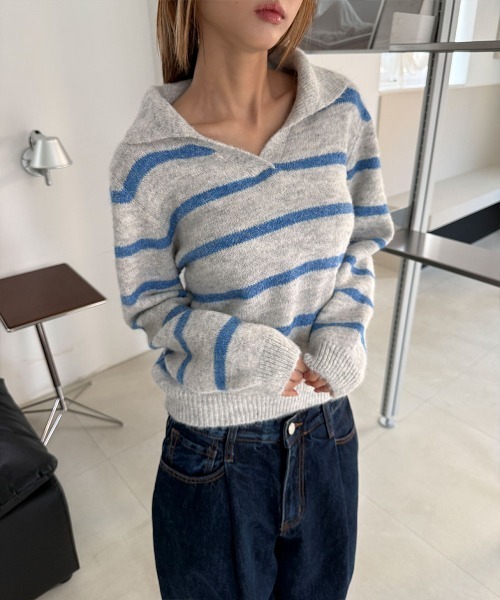 4INT.(フォイント)の「ベーシック 襟付き ボーダー スキッパー 長袖 ニット トップス(ニット/セーター・レディース・レッド/ブルー/ブラック・FREE)」の22枚目の写真