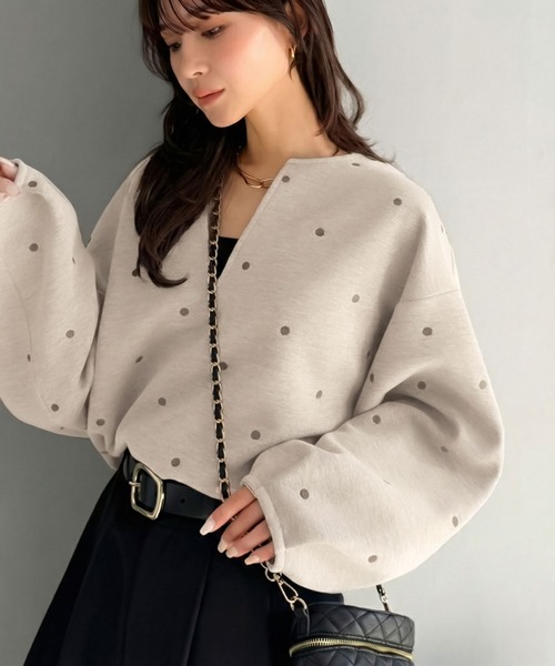 Classical Evon(クラシカルエヴォン)の「【Classical Evon】甘さ抑えて品よく映える。ドット刺繍袖ぽわんキーネックダンボールトップス(長袖)(Tシャツ/カットソー・レディース・ベージュ/ブラック/グレー・LARGE/MEDIUM/SMALL/X-LARGE)」の5枚目の写真