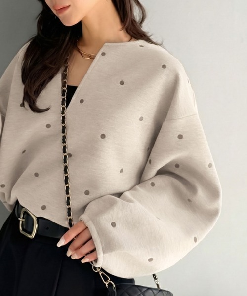 Classical Evon(クラシカルエヴォン)の「【Classical Evon】甘さ抑えて品よく映える。ドット刺繍袖ぽわんキーネックダンボールトップス(長袖)(Tシャツ/カットソー・レディース・ベージュ/ブラック/グレー・LARGE/MEDIUM/SMALL/X-LARGE)」の6枚目の写真