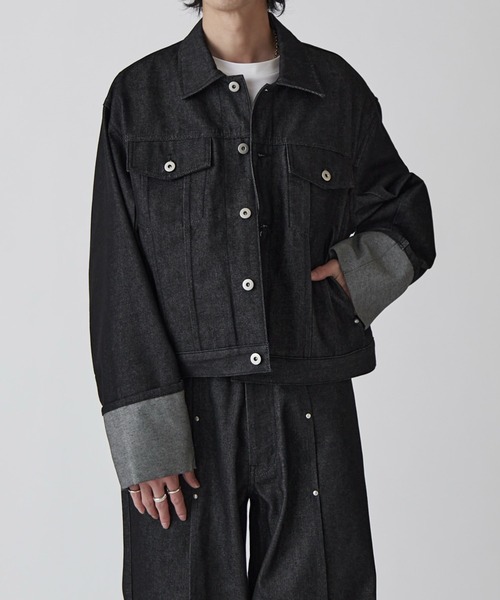 Lui's（ルイス）の「【Neucon】ROLL UP TUCK SHORT DENIM JACKET / ロールアップタックショートデニムジャケット / セットアップ対応（デニムジャケット・メンズ・ブラック/インディゴブルー・1/2）」の2枚目の写真