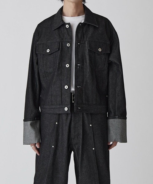 Lui's（ルイス）の「【Neucon】ROLL UP TUCK SHORT DENIM JACKET / ロールアップタックショートデニムジャケット / セットアップ対応（デニムジャケット・メンズ・ブラック/インディゴブルー・1/2）」の3枚目の写真